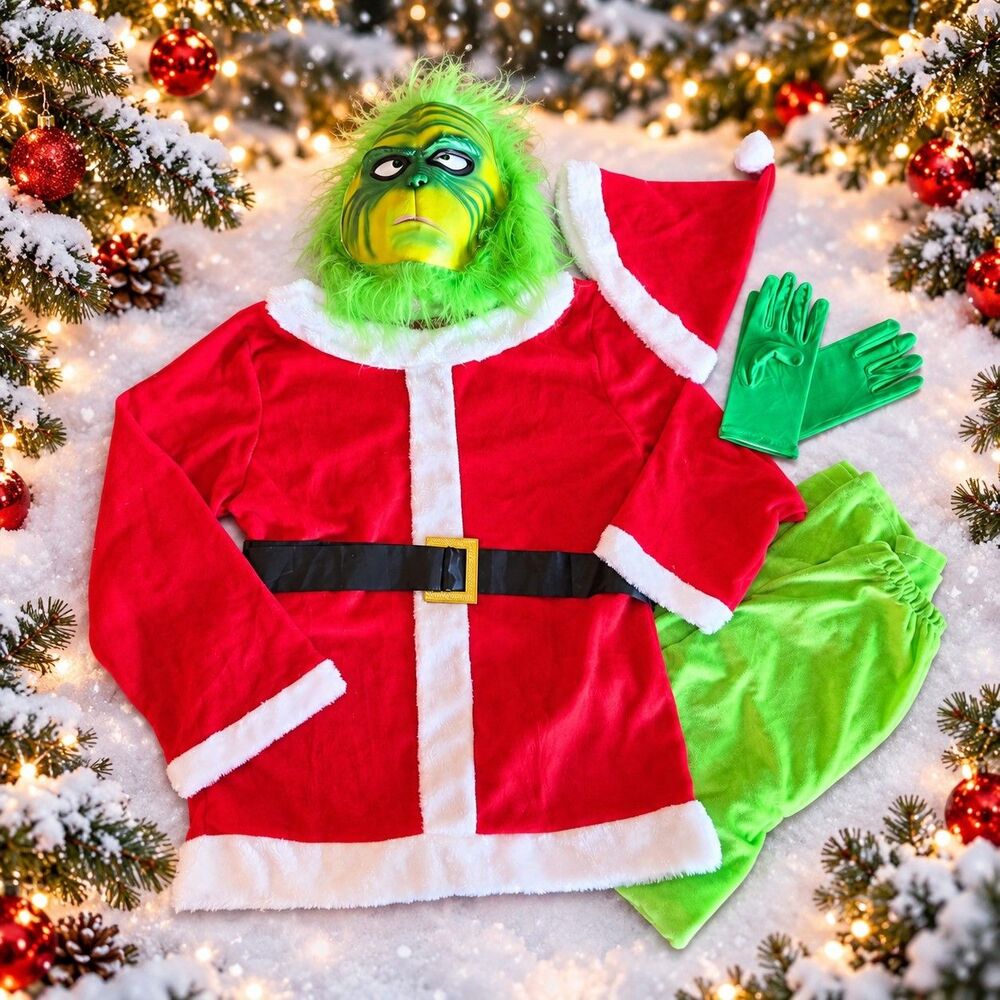 The Grinch Santa Costume Adult Medium Full Face Mask Gloves Pants Halloween C66